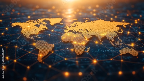 Fototapeta Naklejka Na Ścianę i Meble -  Bright modern business globalization background featuring light world map outlines digital network lines leaving ample blank space