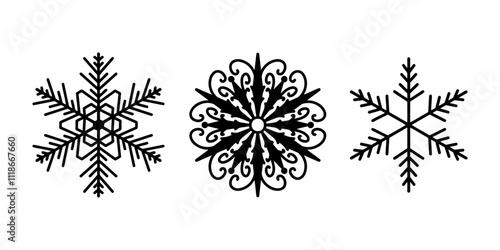 Beautiful snowflakes set, detailed hand drawn flat vector line illustration. Graphic outline drawing. Christmas and New Year symbol. Unique snowflake silhouette icon for frosty winter designs.