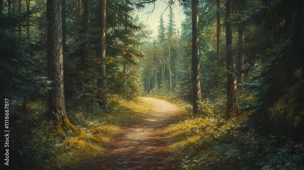 Tranquil forest path amidst lush evergreens Tranquil forest path amidst lush evergreens