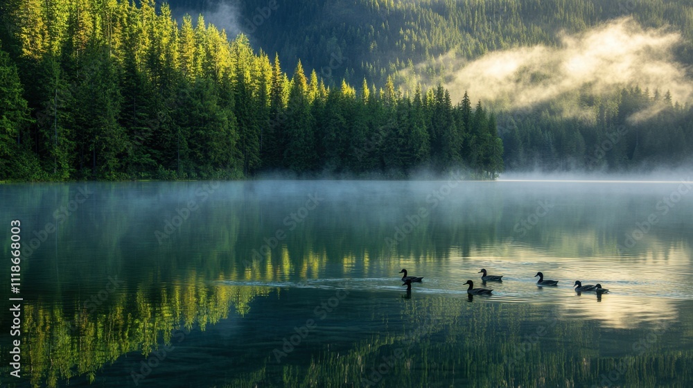 Fototapeta premium Tranquil lake with ducks and morning fog