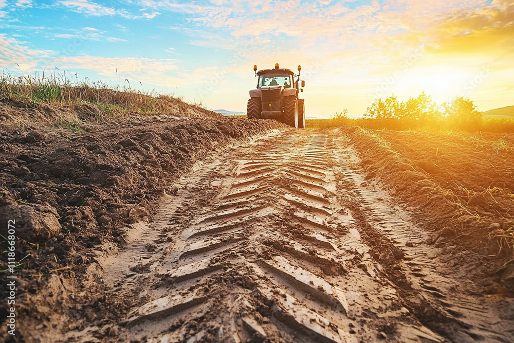 Fototapeta premium Tractor working at sunset on a freshly plowed field