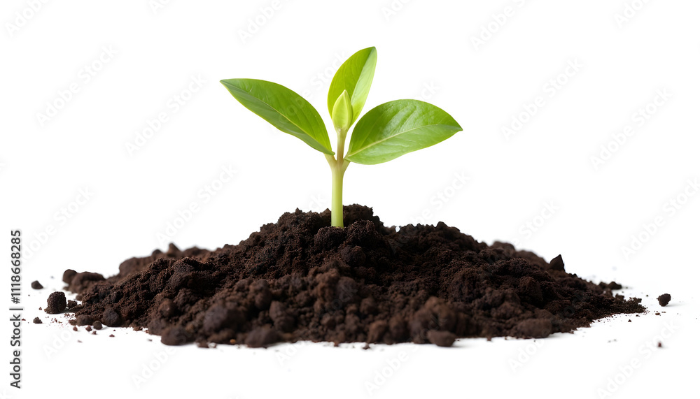 Small Green Seedling Sprouting from Rich, Dark Soil, Isolated on White Background.