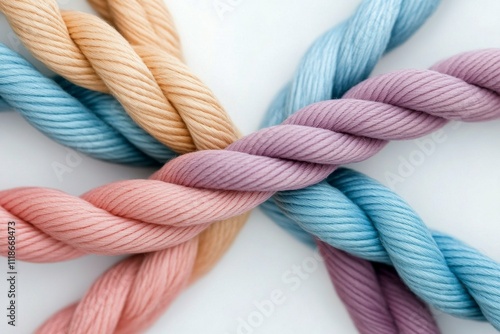 Various pastel colored threads woven together creating an artistic arrangement on a white background photo