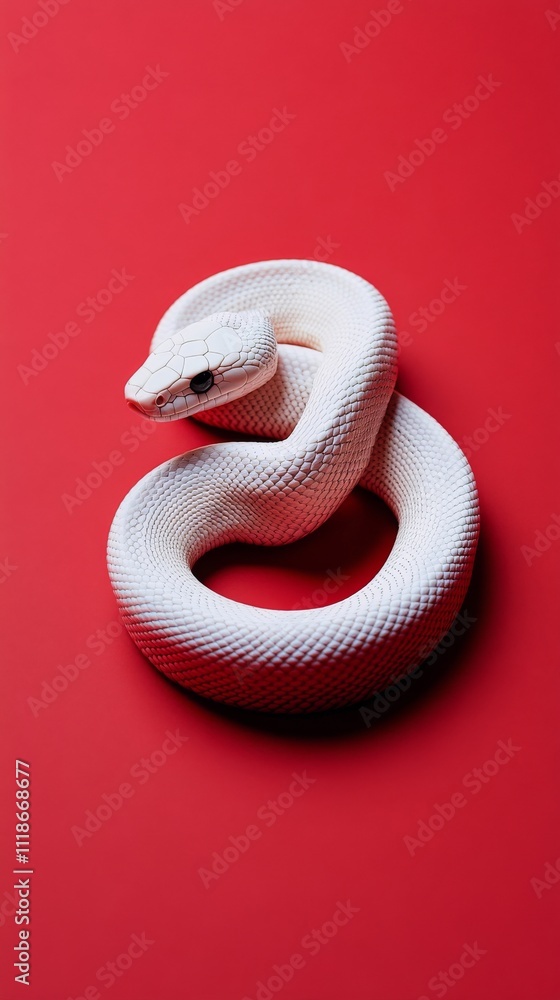 White snake coiled gracefully against a vivid red background in an artistic display White snake coiled gracefully against a vivid red background in an artistic display