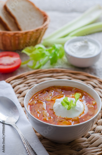 Borscht  with sour cream in the bowl