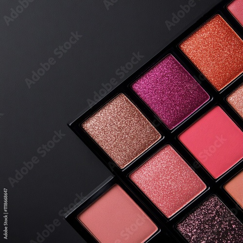 Colorful makeup palette with various shades arranged in a grid pattern for beauty enthusiasts