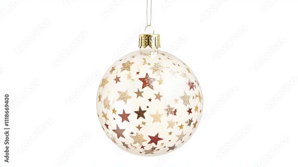 A Christmas ornament in the shape of a translucent ball, decorated with glittering stars. The ornament hangs against a solid white background, adding a festive touch to any holiday display. A Christmas ornament in the shape of a translucent ball, decorated with glittering stars. The ornament hangs against a solid white background, adding a festive touch to any holiday display.