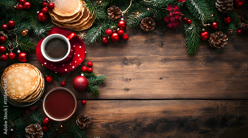A warm Christmas breakfast table with pancakes and cocoa A warm Christmas breakfast table with pancakes and cocoa