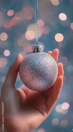 Hand holding a sparkling ornament amidst colorful bokeh background during holiday season