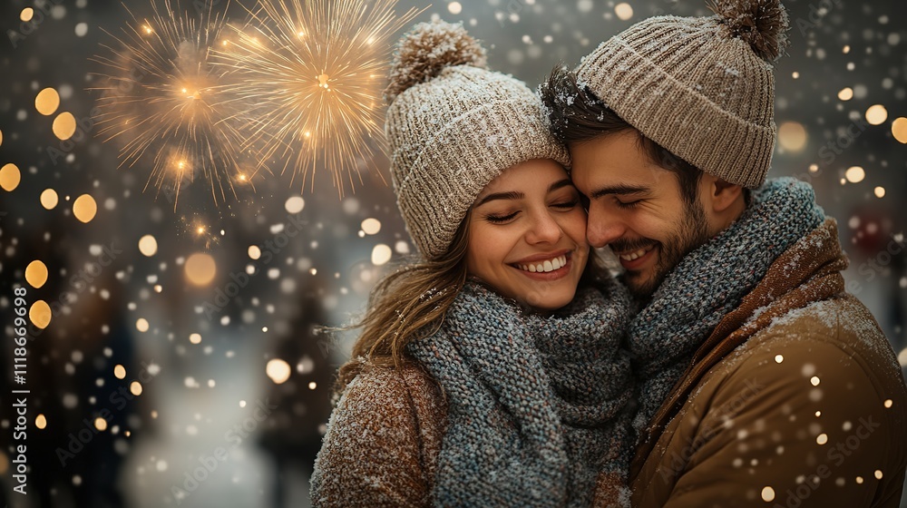 portrait photo people of couple warmly embracing under bright fireworks on new year eve portrait photo people of couple warmly embracing under bright fireworks on new year eve