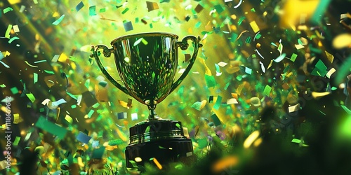 Green Trophy Held High Amid Green and Gold Confetti with Vibrant Lighting and Enthusiastic Crowd photo