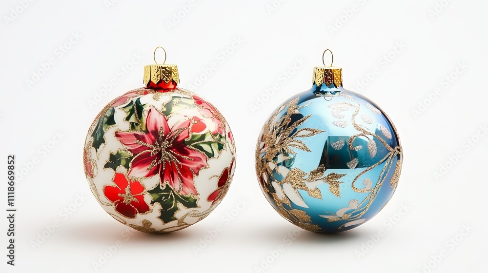 A festive duo of Christmas ornaments grace a pristine white backdrop. These cheerful decorations add a touch of holiday cheer with their vibrant hues and playful designs. A festive duo of Christmas ornaments grace a pristine white backdrop. These cheerful decorations add a touch of holiday cheer with their vibrant hues and playful designs.