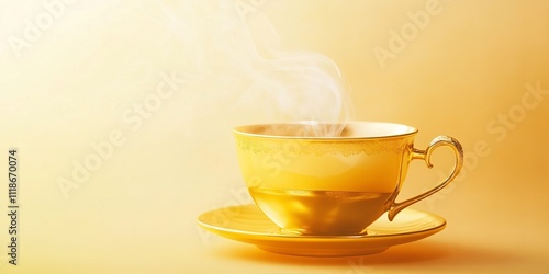 Golden Cup with Steam on Saucer, Yellow to Gold Gradient Background