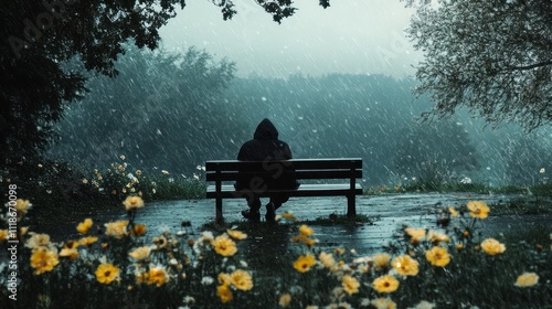 A solitary figure sits on a bench in the rain, surrounded by blooming flowers.