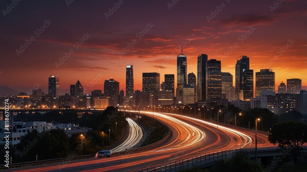 Fototapeta premium Cityscape at sunset with highway light trails.