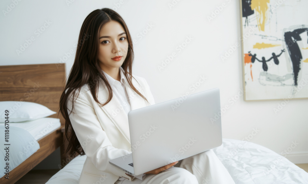 business woman in white suit working on laptop in modern room, exuding professionalism and focus. minimalist decor enhances atmosphere business woman in white suit working on laptop in modern room, exuding professionalism and focus. minimalist decor enhances atmosphere