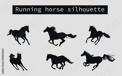 A set of black silhouettes of a sports horse. Vector on black background	