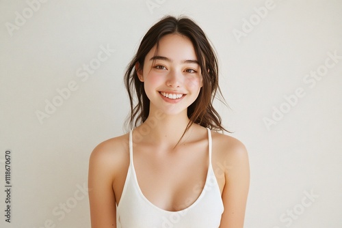 A smiling woman in a white tank top against a neutral background.