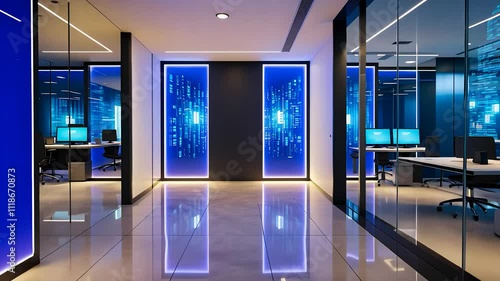 Modern Office with Glass Walls, Illuminated Blue Panels, and Computer Workstations in a Sleek Workspace

 photo