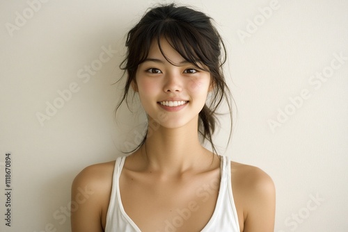 A smiling young woman in a casual setting with natural light.