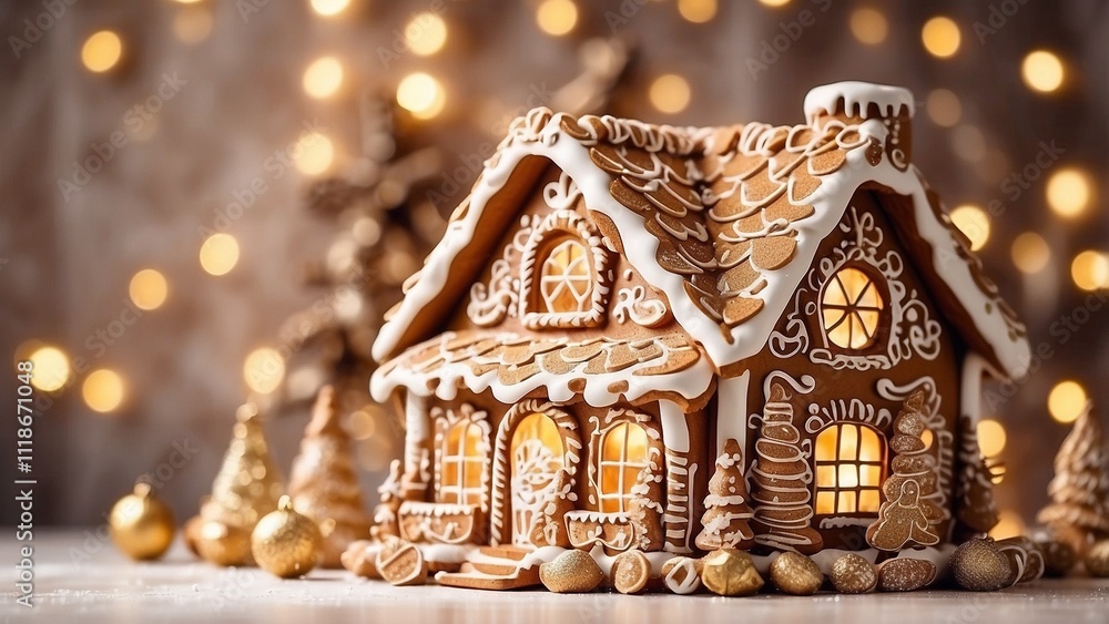 Defocused golden lights on a white background with a Christmas gingerbread home décor. hand-adorned. Defocused golden lights on a white background with a Christmas gingerbread home décor. hand-adorned.