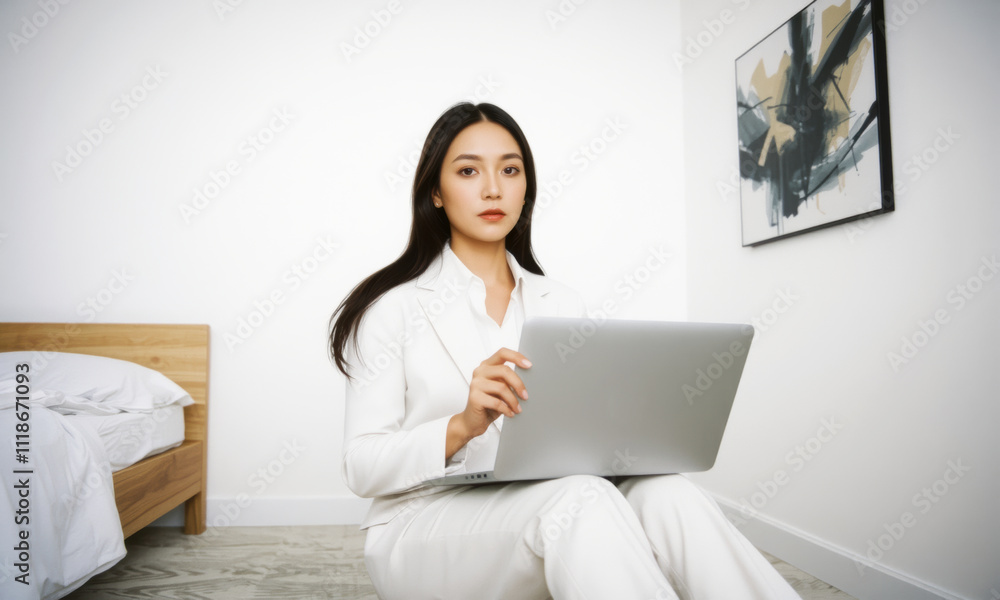 business woman in white suit working on laptop in modern room, exuding professionalism and focus. minimalist decor enhances atmosphere business woman in white suit working on laptop in modern room, exuding professionalism and focus. minimalist decor enhances atmosphere