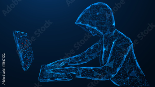Hacker, a hooded man sitting at a computer. Polygonal design of interconnected lines and dots. Blue background.
