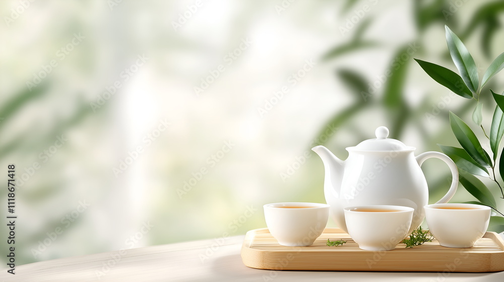 Traditional Chinese tea set, classic porcelain teapot with teacups on a bamboo tray, layout with copy space Traditional Chinese tea set, classic porcelain teapot with teacups on a bamboo tray, layout with copy space