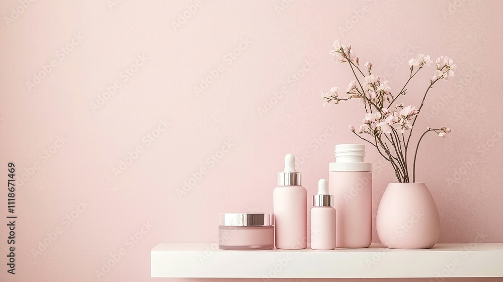 Pastel Pink Skincare Products in Jars and Bottles, Arranged on Soft White Shelf Pastel Pink Skincare Products in Jars and Bottles, Arranged on Soft White Shelf