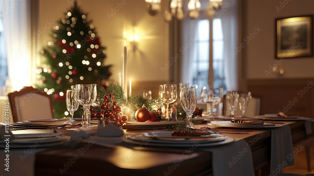 Festive dining table with Christmas setting in room Festive dining table with Christmas setting in room