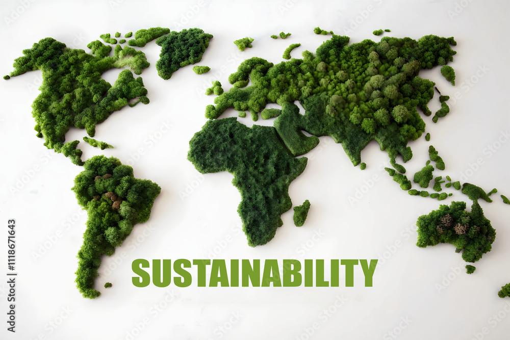 Green world map, sustainability concept, isolated on white background, environment and ecology