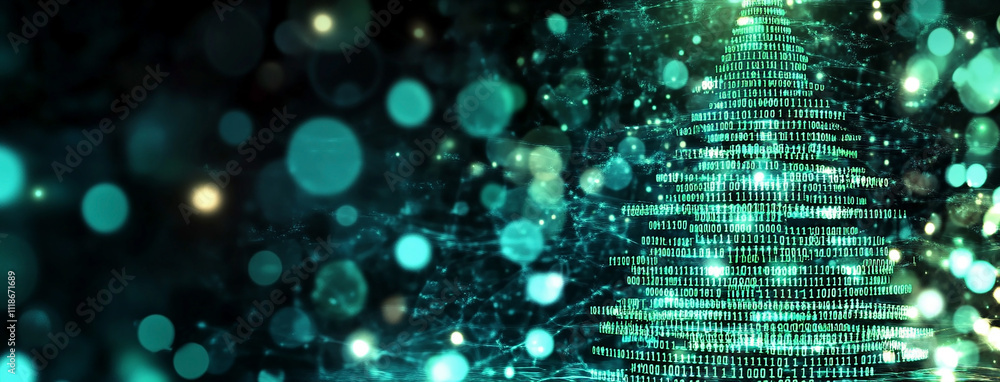 wide abstract digital Christmas tree cover background with binary codes, glitter in green background. wide abstract digital Christmas tree cover background with binary codes, glitter in green background.