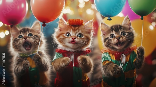 Funny cats with happy birthday cake.