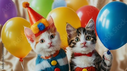 Funny cats with happy birthday cake.