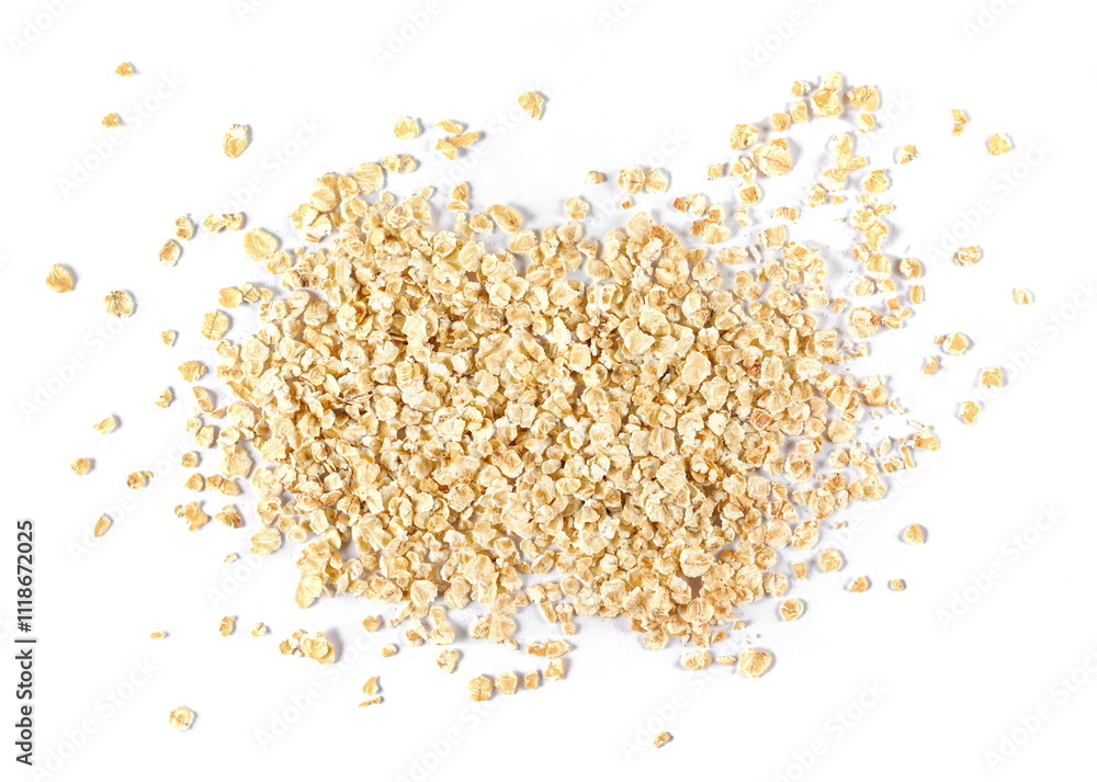 Oat flakes scattered isolated on white, top view Oat flakes scattered isolated on white, top view