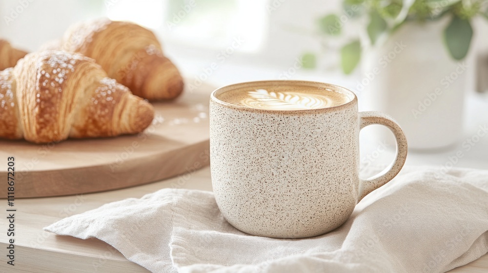Rustic table setup featuring a mocha coffee cup, freshly baked croissants, and natural sunlight on a serene morning Rustic table setup featuring a mocha coffee cup, freshly baked croissants, and natural sunlight on a serene morning