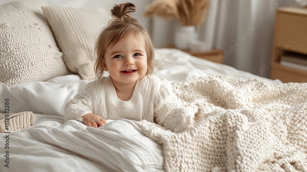 Happy baby. Cute little newborn girl with smiling face crawling on bed in bedroom Happy baby. Cute little newborn girl with smiling face crawling on bed in bedroom