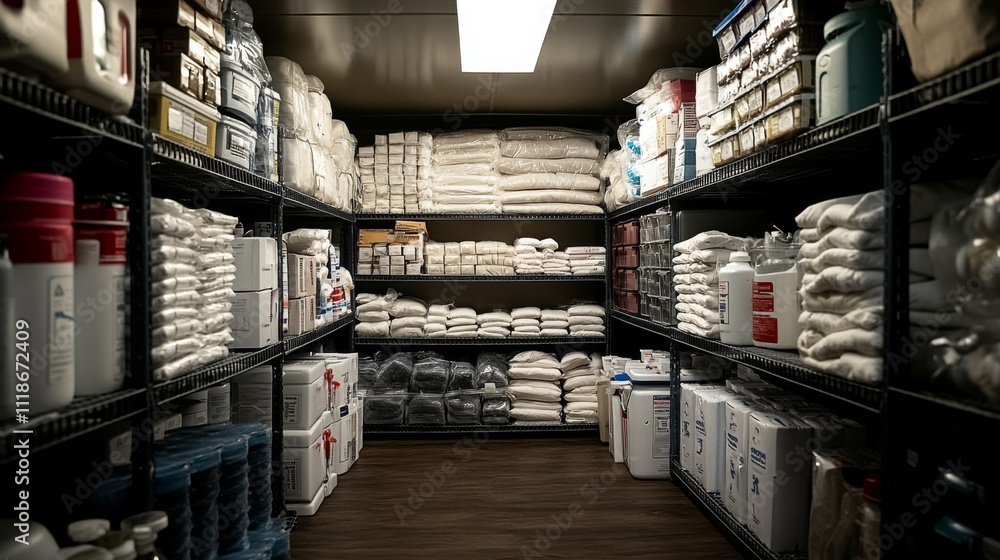 Fototapeta premium A storage room displays neatly arranged shelves filled with numerous bags of materials and containers. The well-lit area provides easy access to supplies for daily operations.