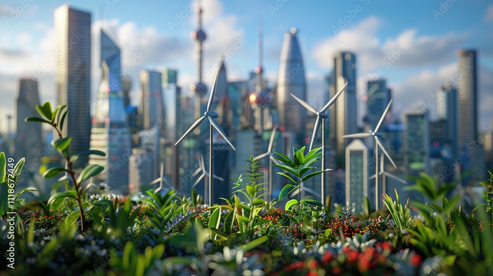 Obraz premium Row of trees with city and sunlight as background. Concept of sustainable development cities green world emphasize on environmental conservation climate change. High grain artistic effects