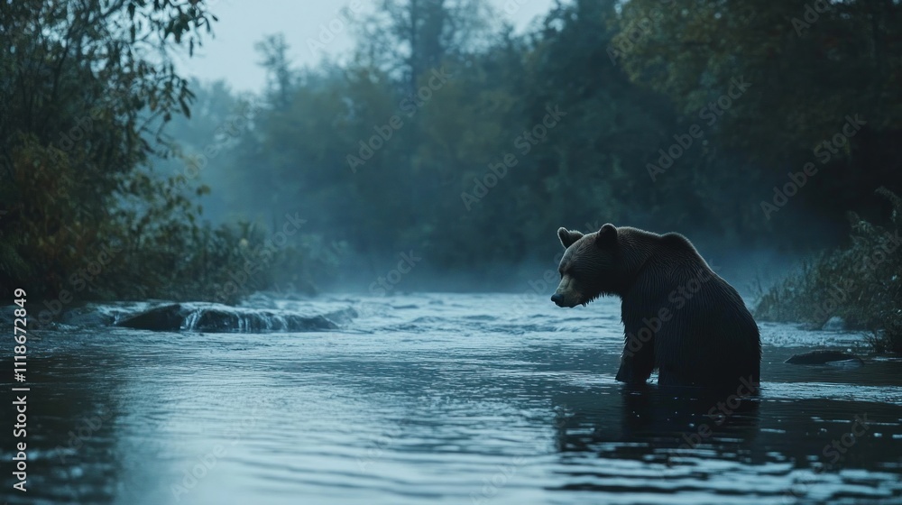 Brown bear sitting in misty river. Brown bear sitting in misty river.