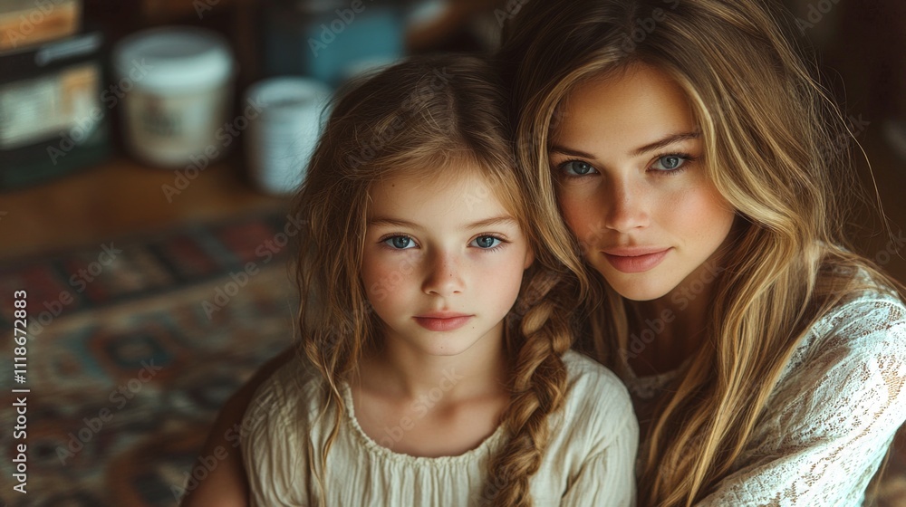 In a tranquil indoor setting, a mother and her daughter sit close, sharing a heartfelt moment while surrounded by soft natural light and rustic decor. In a tranquil indoor setting, a mother and her daughter sit close, sharing a heartfelt moment while surrounded by soft natural light and rustic decor.