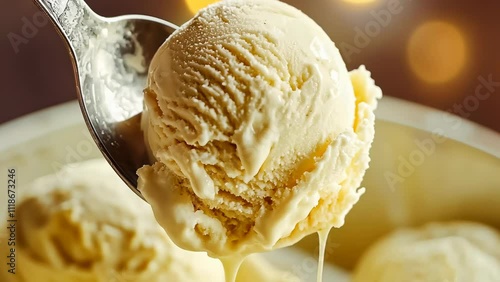 A close-up shot depicts a spoon scooping creamy vanilla ice cream from a bowl, emphasizing texture and indulgence. This scene exudes a cozy, inviting mood, typically enjoyed as a comfort dessert.