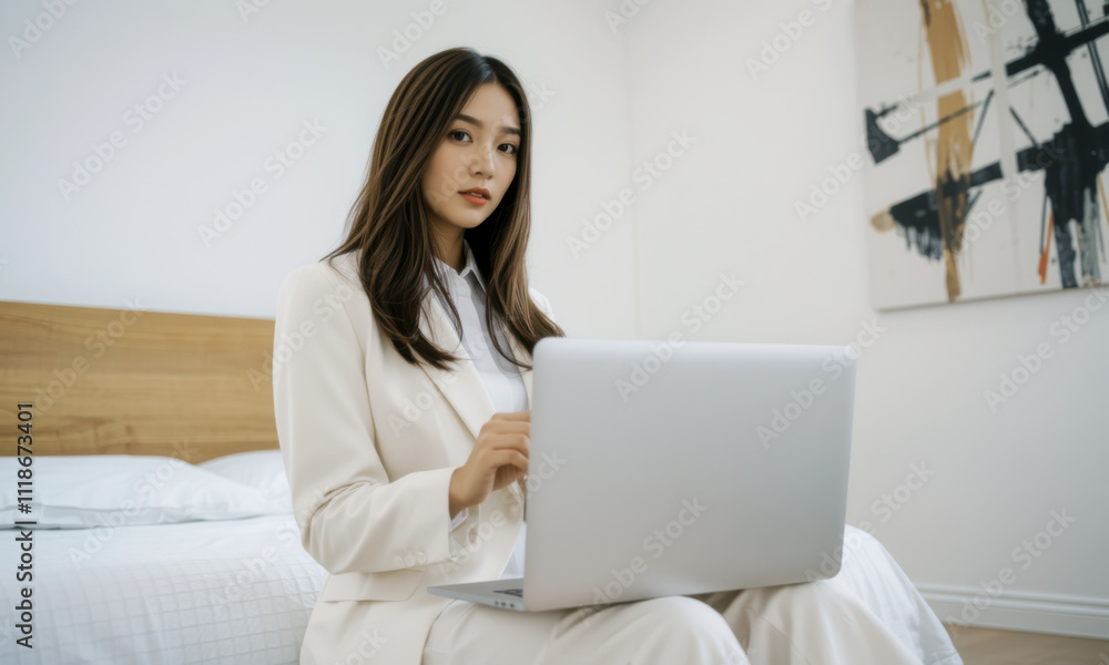 business woman in white suit working on laptop in modern bedroom, exuding professionalism and focus. serene environment enhances her concentration business woman in white suit working on laptop in modern bedroom, exuding professionalism and focus. serene environment enhances her concentration