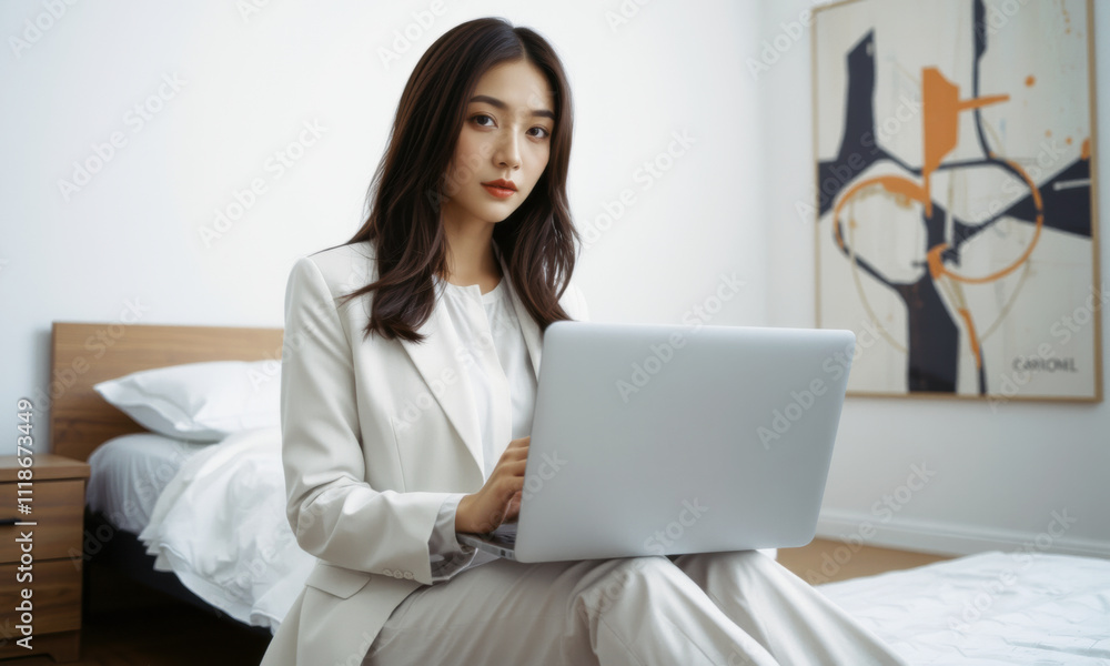business woman in white suit working on laptop in modern bedroom, exuding professionalism and focus. stylish decor enhances atmosphere business woman in white suit working on laptop in modern bedroom, exuding professionalism and focus. stylish decor enhances atmosphere