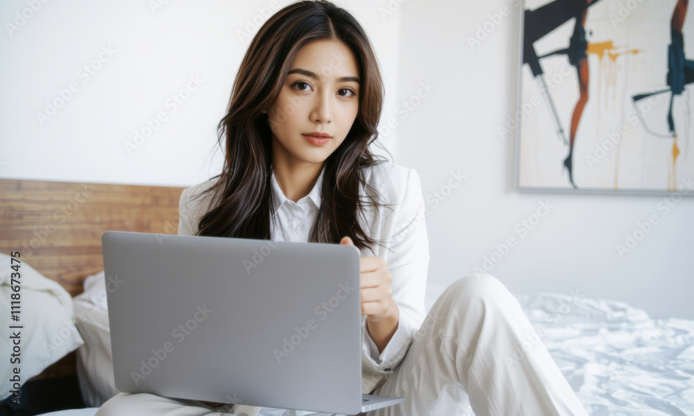 business woman in white suit working on laptop in modern bedroom, exuding confidence and professionalism. Her focused expression highlights her dedication business woman in white suit working on laptop in modern bedroom, exuding confidence and professionalism. Her focused expression highlights her dedication