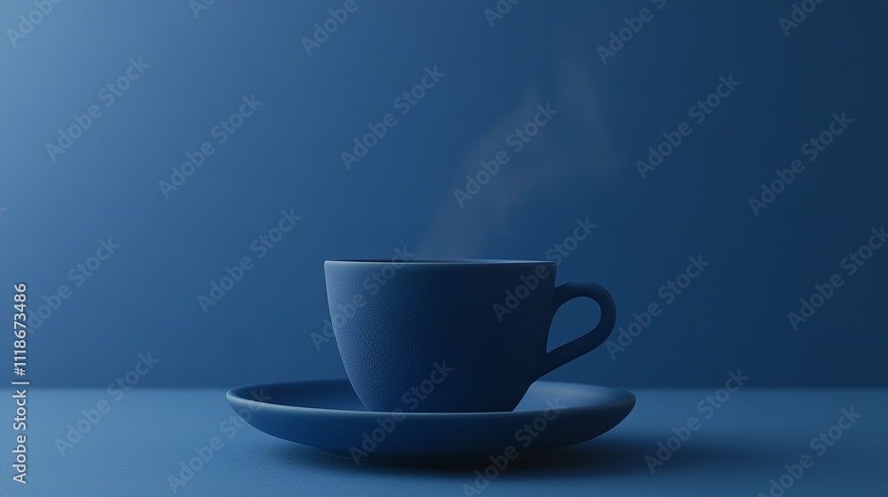 Blue Ceramic Cup with Steam on Saucer, Gradient Blue Background Blue Ceramic Cup with Steam on Saucer, Gradient Blue Background