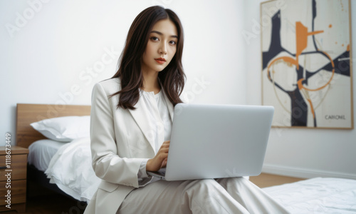 business woman in white suit working on laptop in modern bedroom, exuding professionalism and focus. stylish decor enhances atmosphere