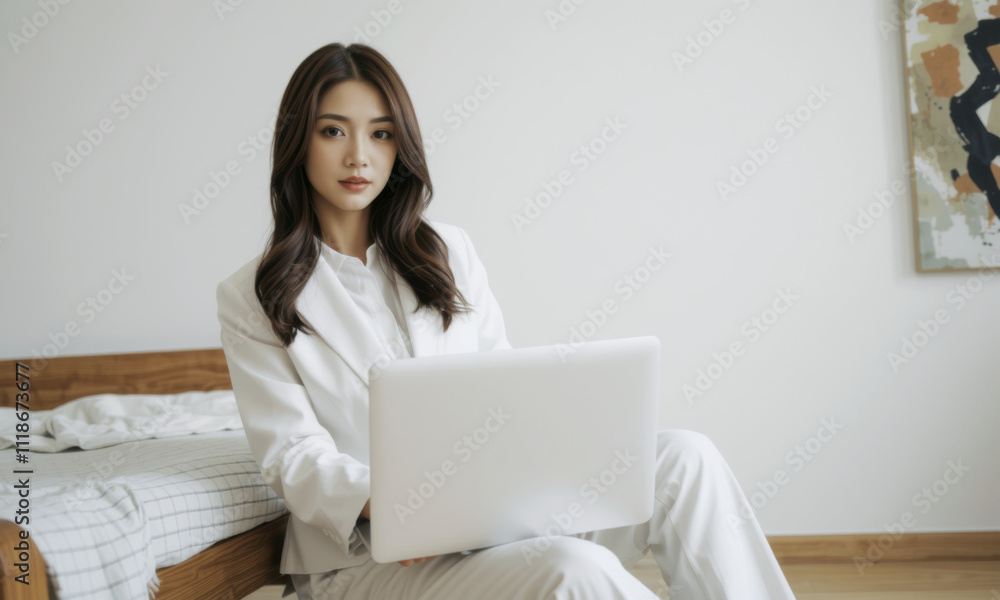 business woman in white suit working on laptop, exuding professionalism and focus in modern, minimalistic setting. Her expression reflects determination and confidence business woman in white suit working on laptop, exuding professionalism and focus in modern, minimalistic setting. Her expression reflects determination and confidence