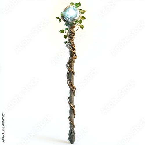 Fototapeta Naklejka Na Ścianę i Meble -  Magical staff with glowing crystal and vines.