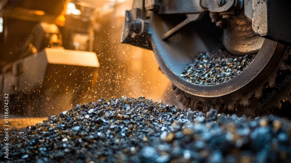 Close-up of asphalt paving machine spreading aggregate. Close-up of asphalt paving machine spreading aggregate.